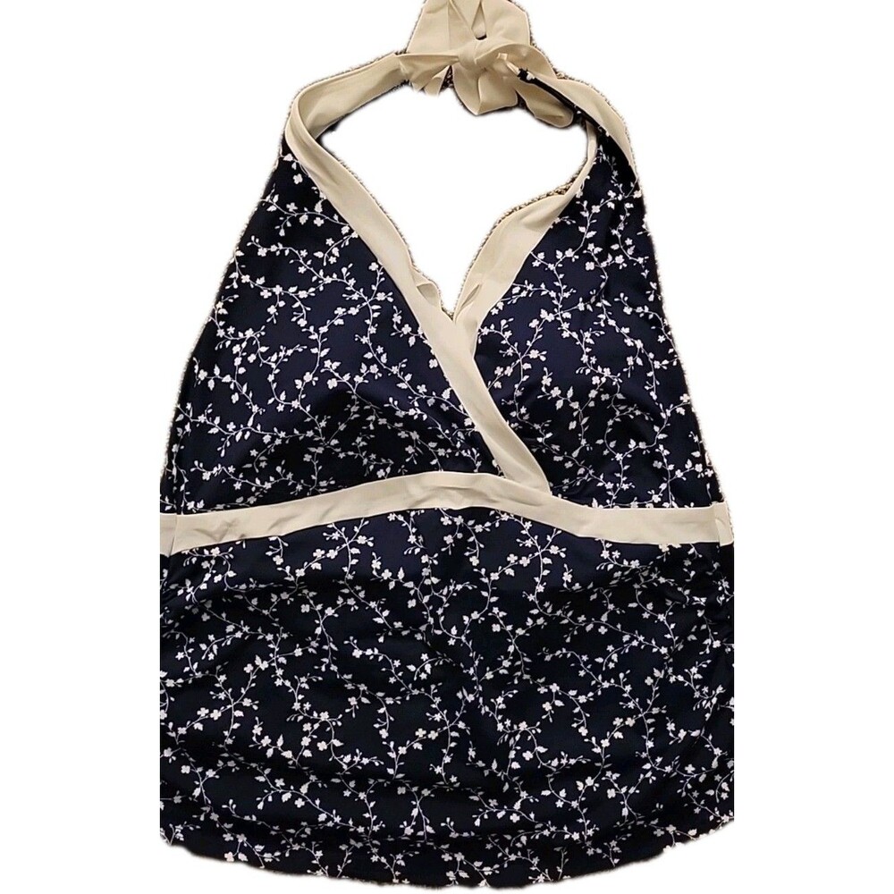 Lands' End Swim Top Navy Large Tall L/L Plunge V-Neck Tankini Floral Womens S603